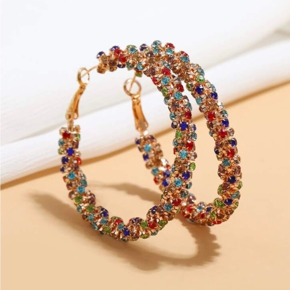 Jewelry - Rhinestone multicolor decor hoop Earrings. Perfect colors for the holiday season